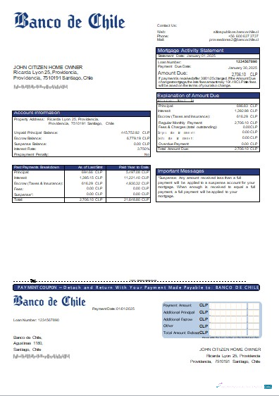 Download Chile Banco de Chile bank mortgage statement scr Photoshop template